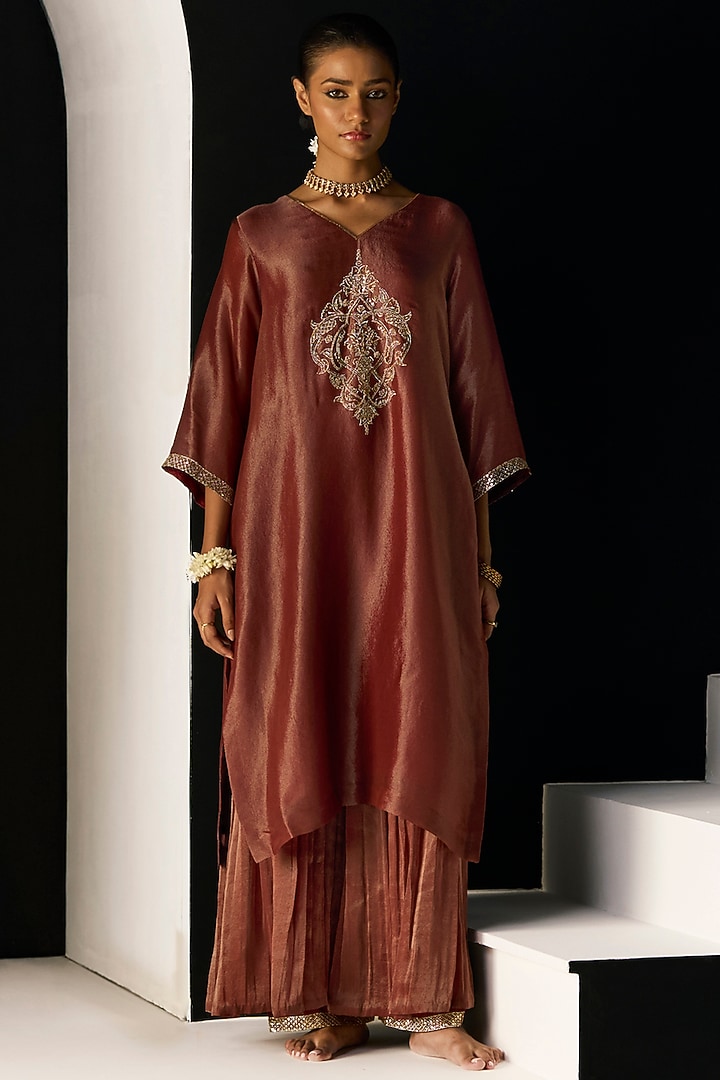 Rust Tissue Silk Hand Embroidered Kurta Set by Sarang Kaur at Pernia's Pop Up Shop