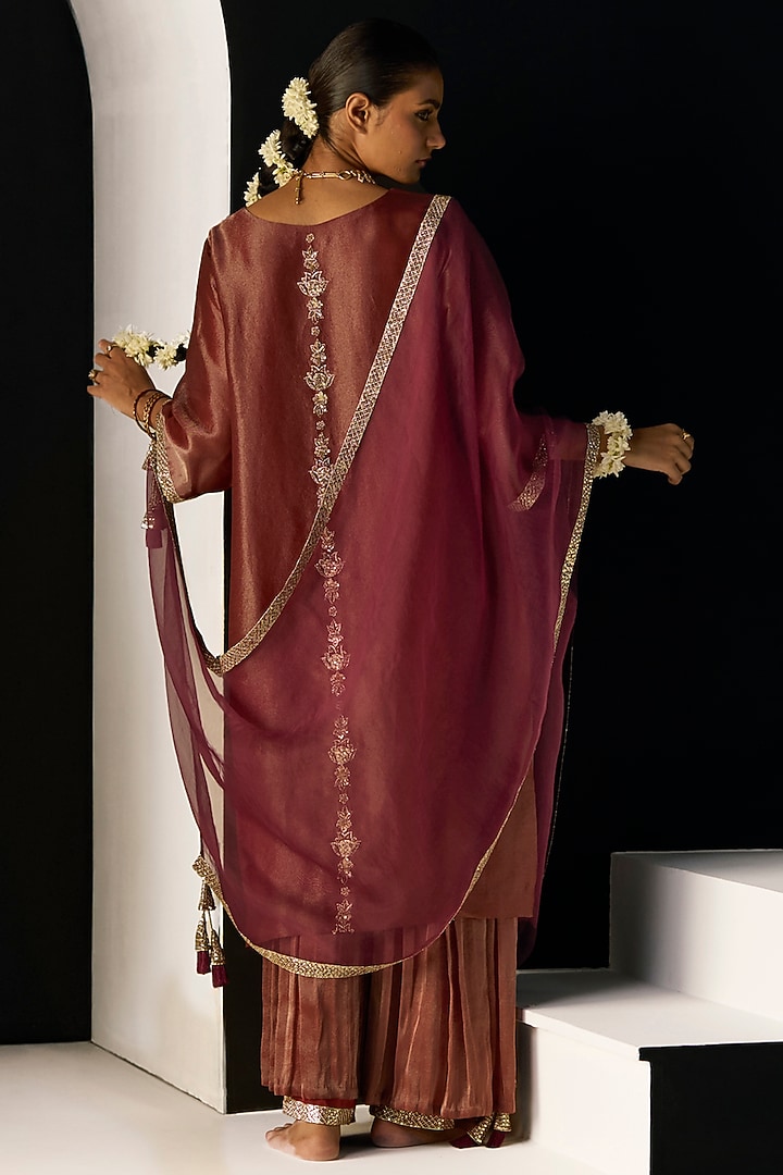 Rust Tissue Silk Hand Embroidered Kurta Set by Sarang Kaur at Pernia's Pop Up Shop