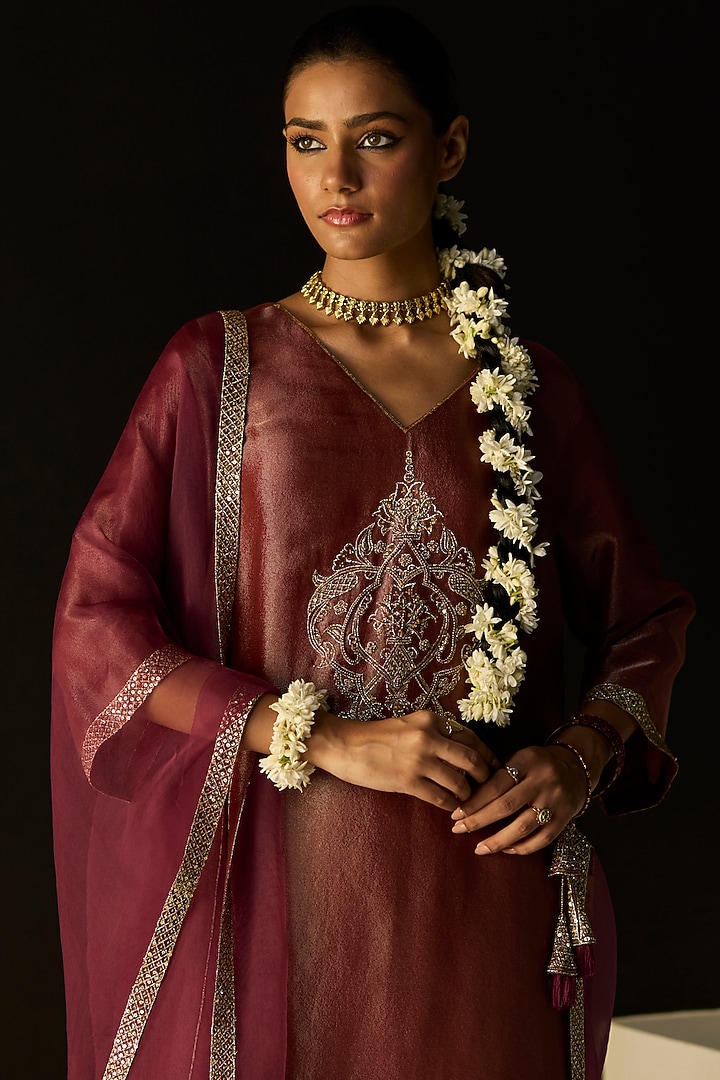 Rust Tissue Silk Hand Embroidered Kurta Set by Sarang Kaur at Pernia's Pop Up Shop