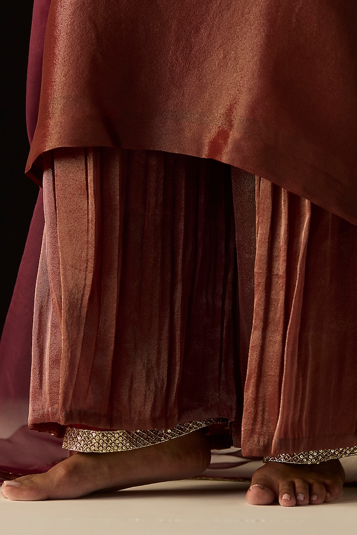 Rust Tissue Silk Hand Embroidered Kurta Set by Sarang Kaur at Pernia's Pop Up Shop