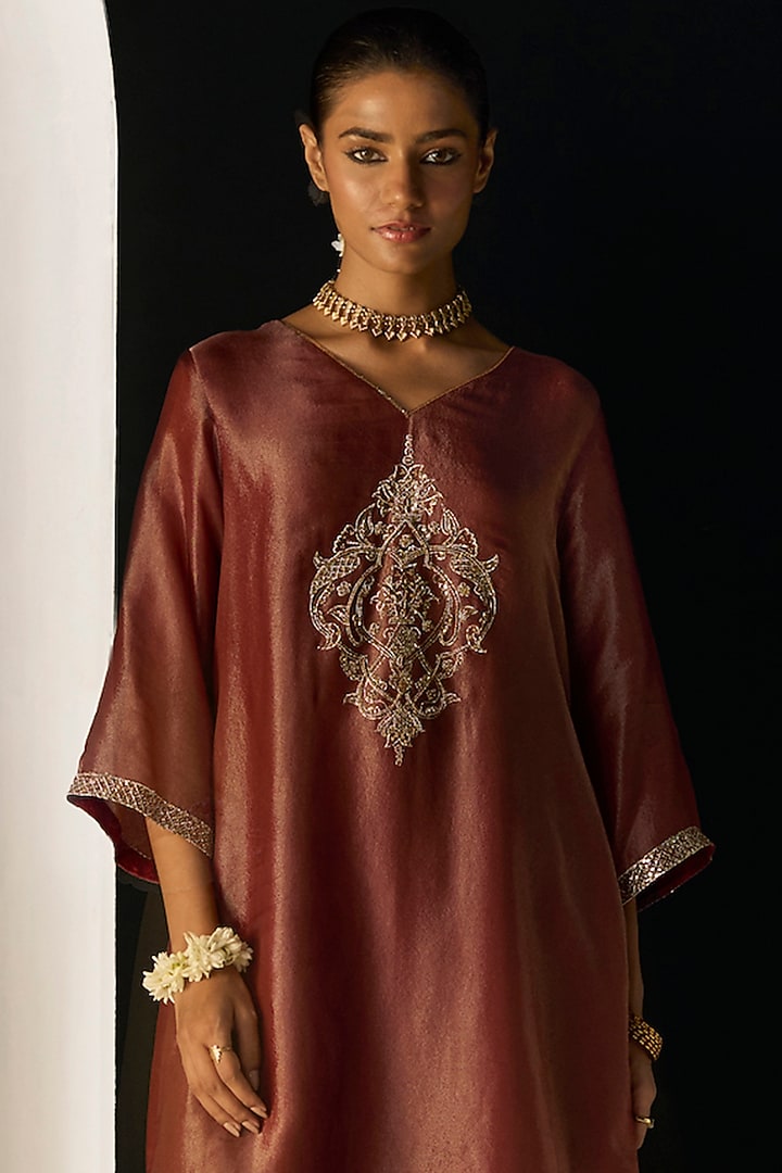 Rust Tissue Silk Hand Embroidered Kurta Set by Sarang Kaur at Pernia's Pop Up Shop