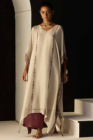 White Tissue Silk Hand Embroidered Kaftan Set by Sarang Kaur
