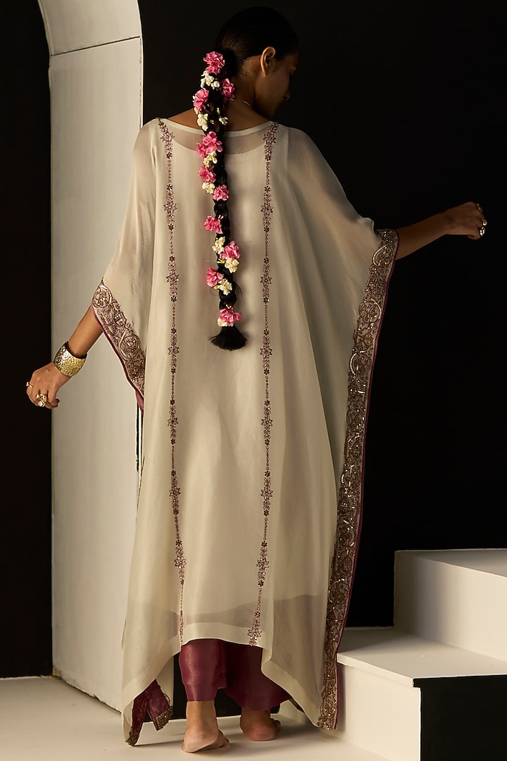 White Tissue Silk Hand Embroidered Kaftan Set by Sarang Kaur at Pernia's Pop Up Shop