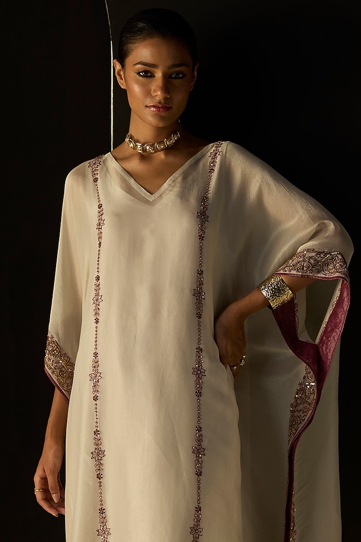 White Tissue Silk Hand Embroidered Kaftan Set by Sarang Kaur at Pernia's Pop Up Shop