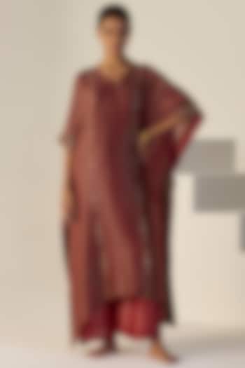 Rust Tissue Silk Hand Embroidered Kaftan Set by Sarang Kaur at Pernia's Pop Up Shop
