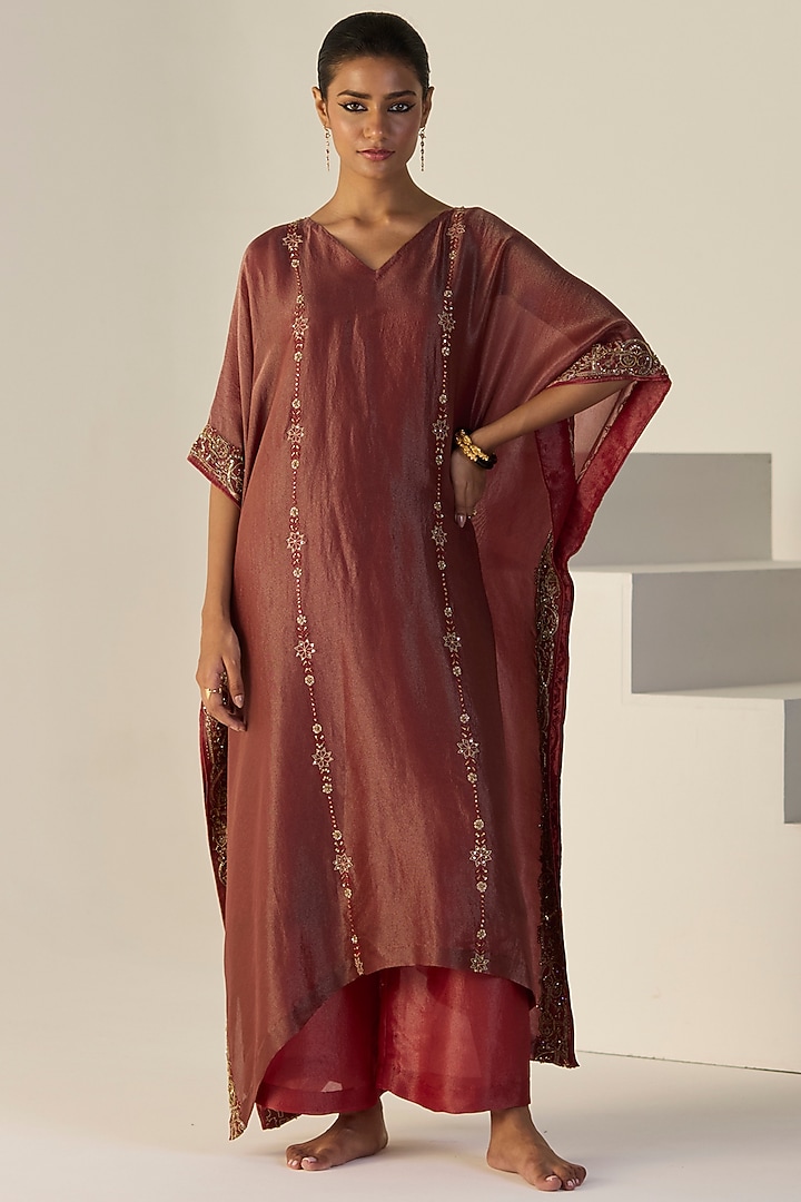 Rust Tissue Silk Hand Embroidered Kaftan Set by Sarang Kaur at Pernia's Pop Up Shop