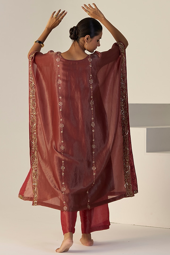 Rust Tissue Silk Hand Embroidered Kaftan Set by Sarang Kaur at Pernia's Pop Up Shop