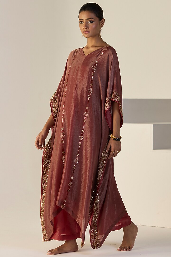 Rust Tissue Silk Hand Embroidered Kaftan Set by Sarang Kaur at Pernia's Pop Up Shop