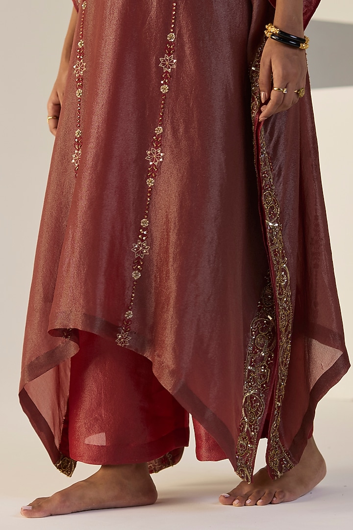Rust Tissue Silk Hand Embroidered Kaftan Set by Sarang Kaur at Pernia's Pop Up Shop