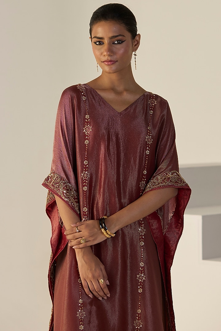 Rust Tissue Silk Hand Embroidered Kaftan Set by Sarang Kaur at Pernia's Pop Up Shop