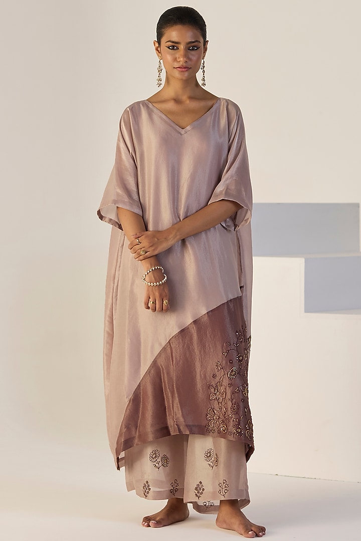 Purple Tissue Silk Hand Embroidered Kaftan Set by Sarang Kaur at Pernia's Pop Up Shop