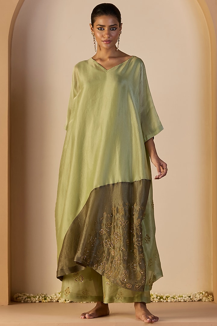 Green Tissue Silk Hand Embroidered Kaftan Set by Sarang Kaur at Pernia's Pop Up Shop