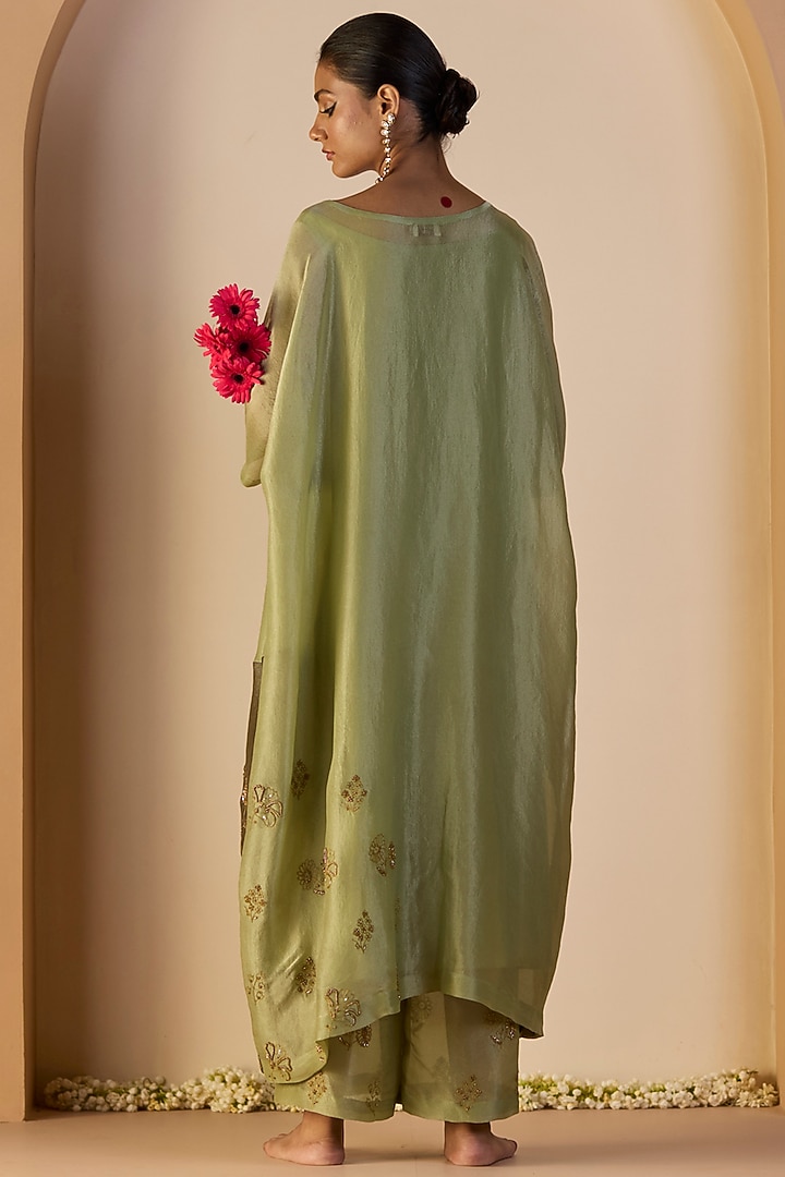 Green Tissue Silk Hand Embroidered Kaftan Set by Sarang Kaur at Pernia's Pop Up Shop