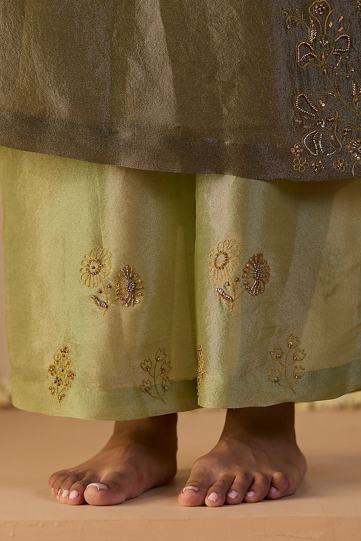 Green Tissue Silk Hand Embroidered Kaftan Set by Sarang Kaur at Pernia's Pop Up Shop