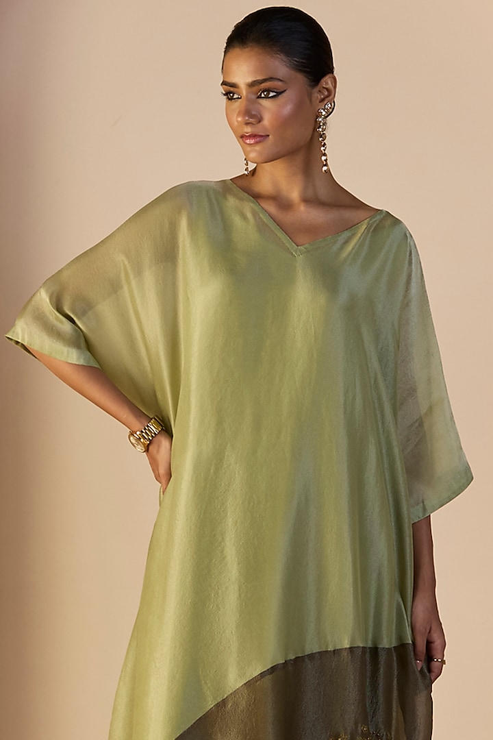 Green Tissue Silk Hand Embroidered Kaftan Set by Sarang Kaur at Pernia's Pop Up Shop