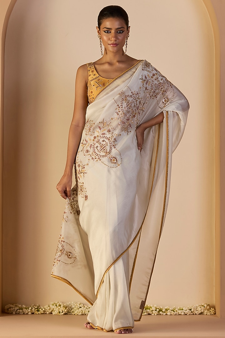 White Tissue Silk Hand Embroidered Wedding Saree Set by Sarang Kaur at Pernia's Pop Up Shop