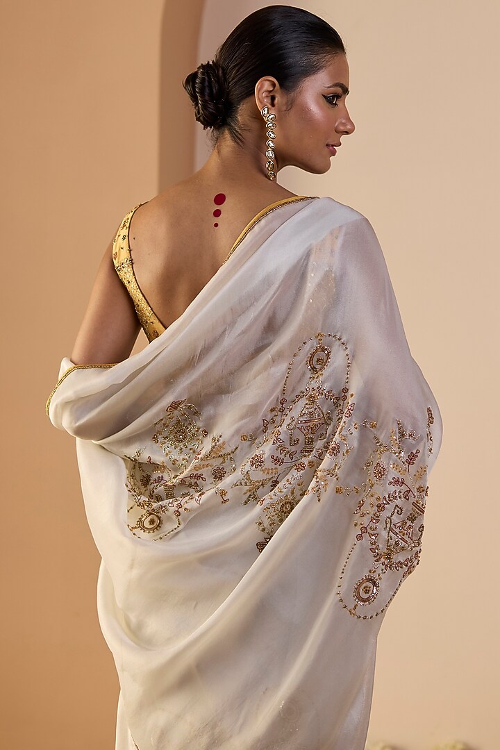 White Tissue Silk Hand Embroidered Wedding Saree Set by Sarang Kaur at Pernia's Pop Up Shop