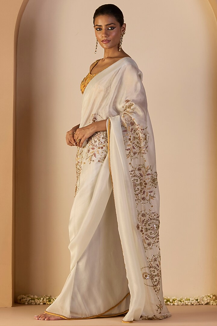 White Tissue Silk Hand Embroidered Wedding Saree Set by Sarang Kaur at Pernia's Pop Up Shop