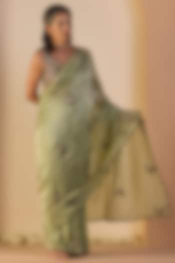 Green Tissue Silk Hand Embroidered Wedding Saree Set by Sarang Kaur at Pernia's Pop Up Shop