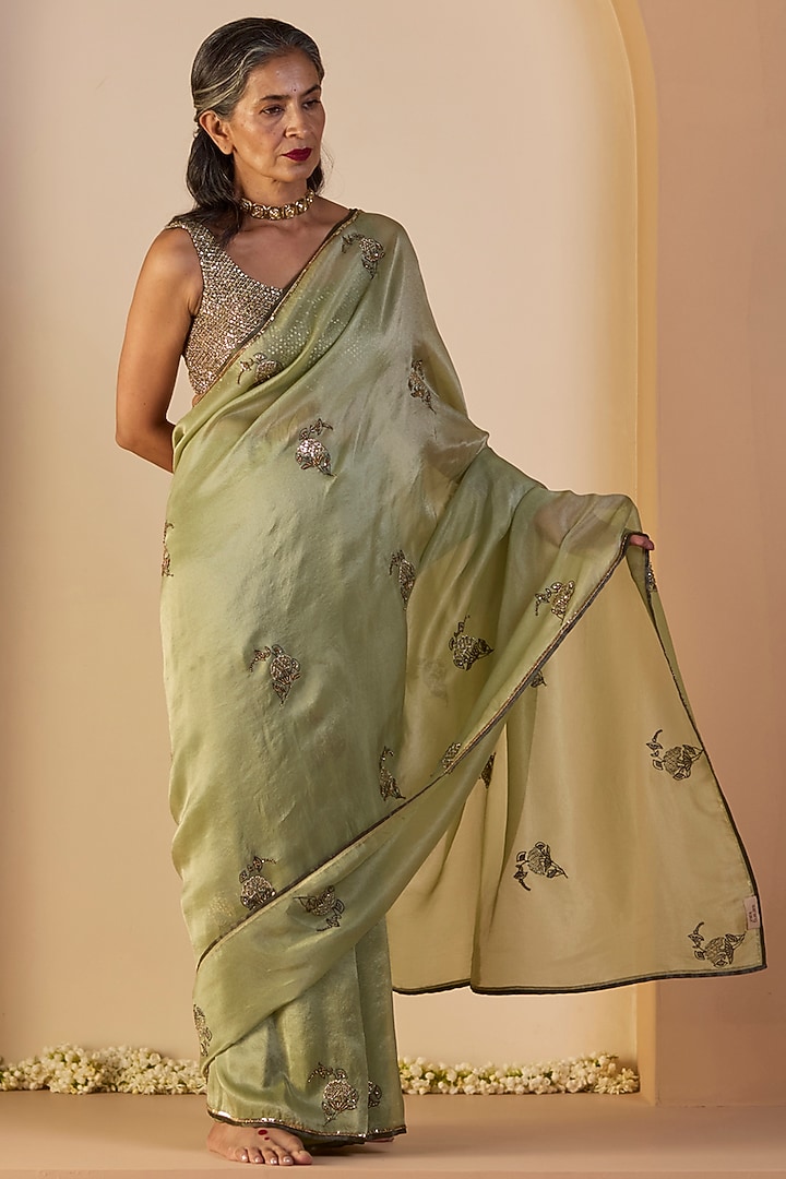 Green Tissue Silk Hand Embroidered Wedding Saree Set by Sarang Kaur at Pernia's Pop Up Shop