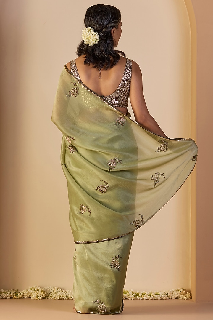 Green Tissue Silk Hand Embroidered Wedding Saree Set by Sarang Kaur at Pernia's Pop Up Shop