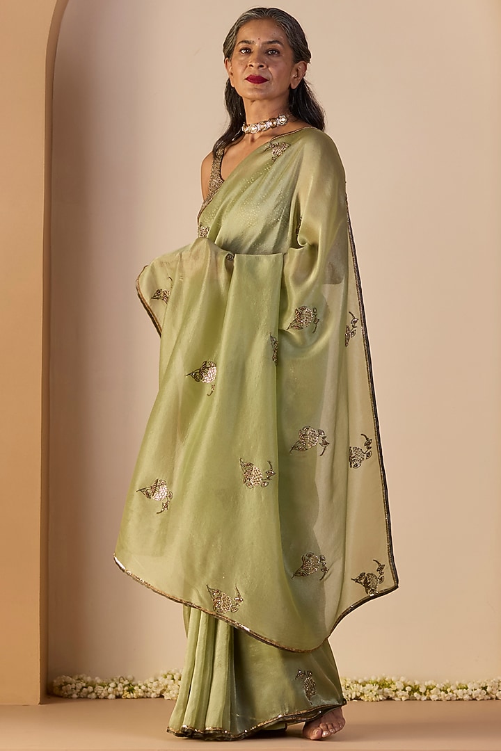 Green Tissue Silk Hand Embroidered Wedding Saree Set by Sarang Kaur at Pernia's Pop Up Shop