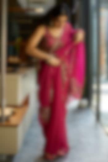Pink Organza Silk Hand Embroidered Wedding Saree Set by Sarang Kaur at Pernia's Pop Up Shop
