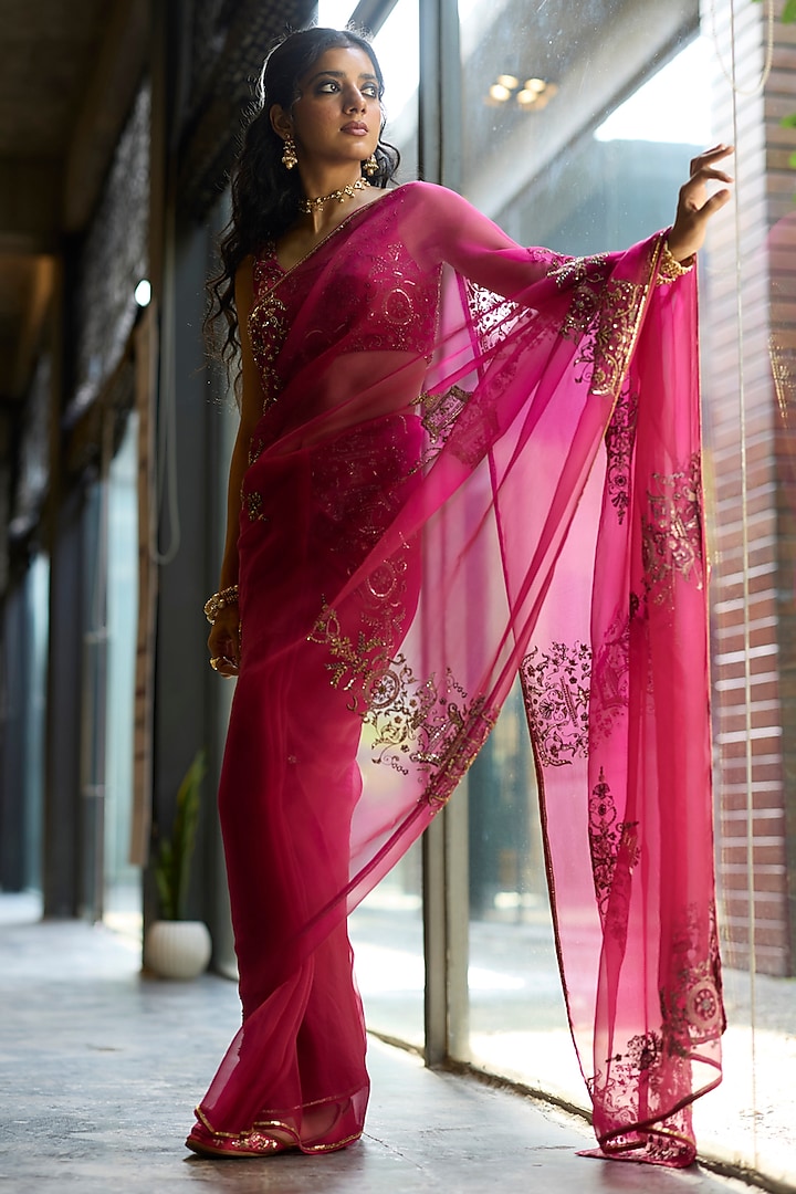 Pink Organza Silk Hand Embroidered Wedding Saree Set by Sarang Kaur at Pernia's Pop Up Shop