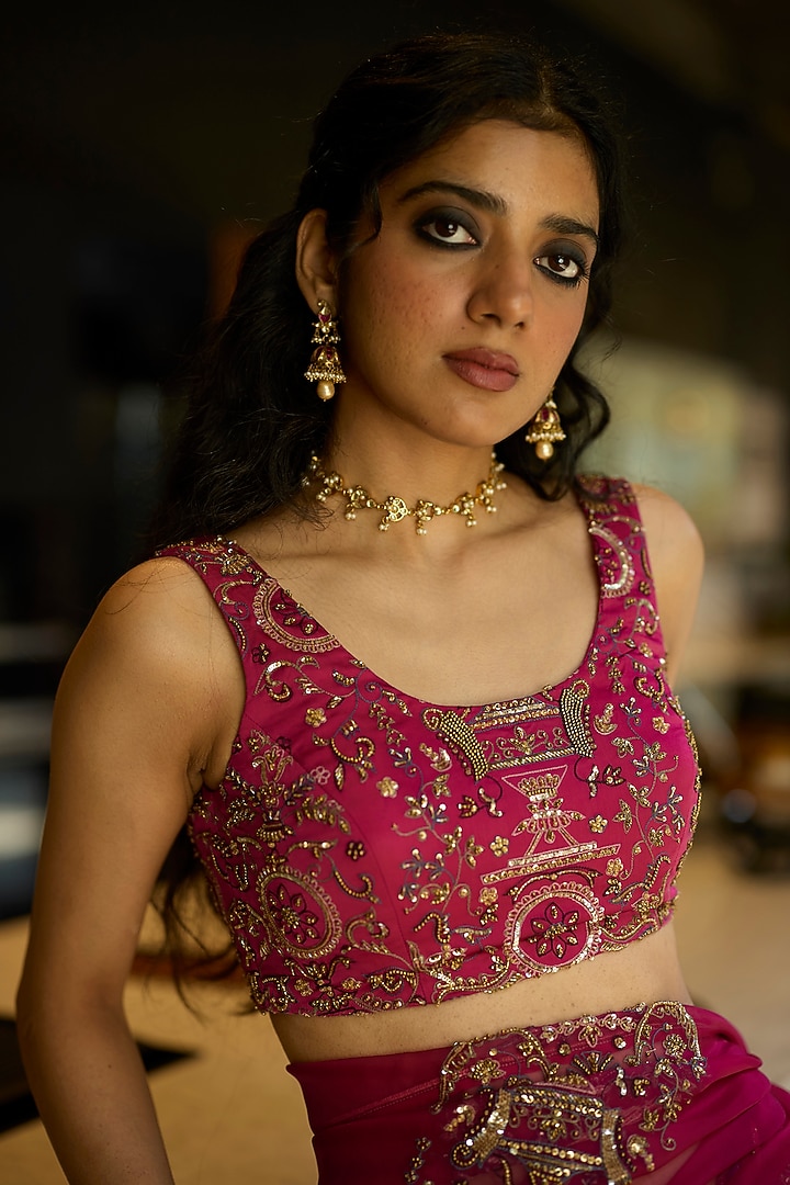 Pink Organza Silk Hand Embroidered Wedding Saree Set by Sarang Kaur at Pernia's Pop Up Shop