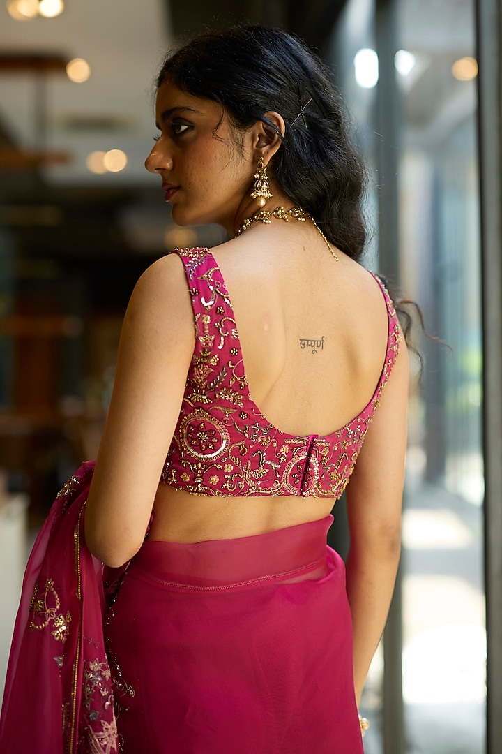 Pink Organza Silk Hand Embroidered Wedding Saree Set by Sarang Kaur at Pernia's Pop Up Shop