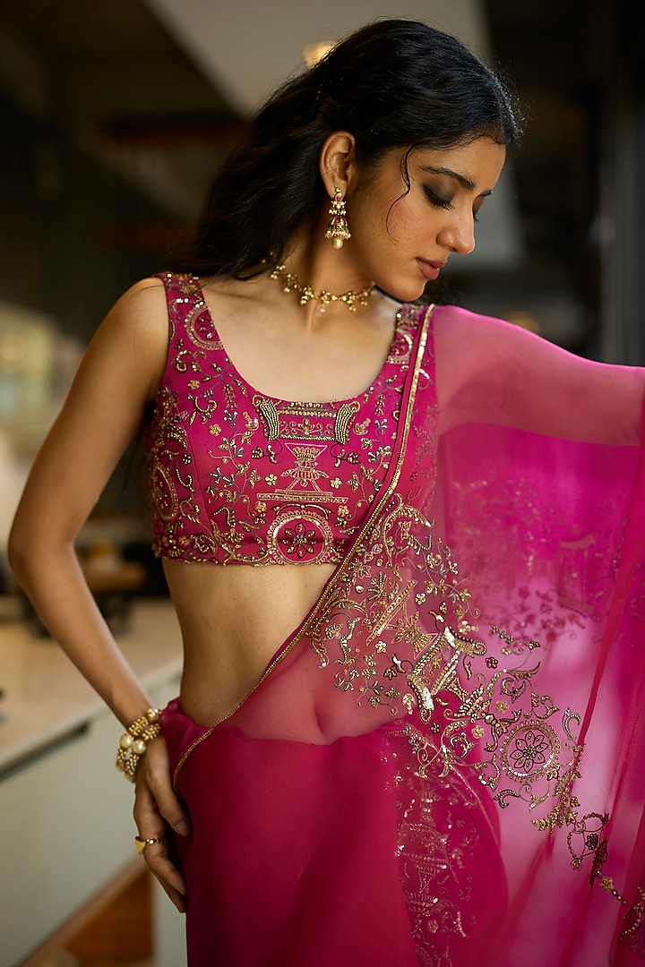 Pink Organza Silk Hand Embroidered Wedding Saree Set by Sarang Kaur at Pernia's Pop Up Shop