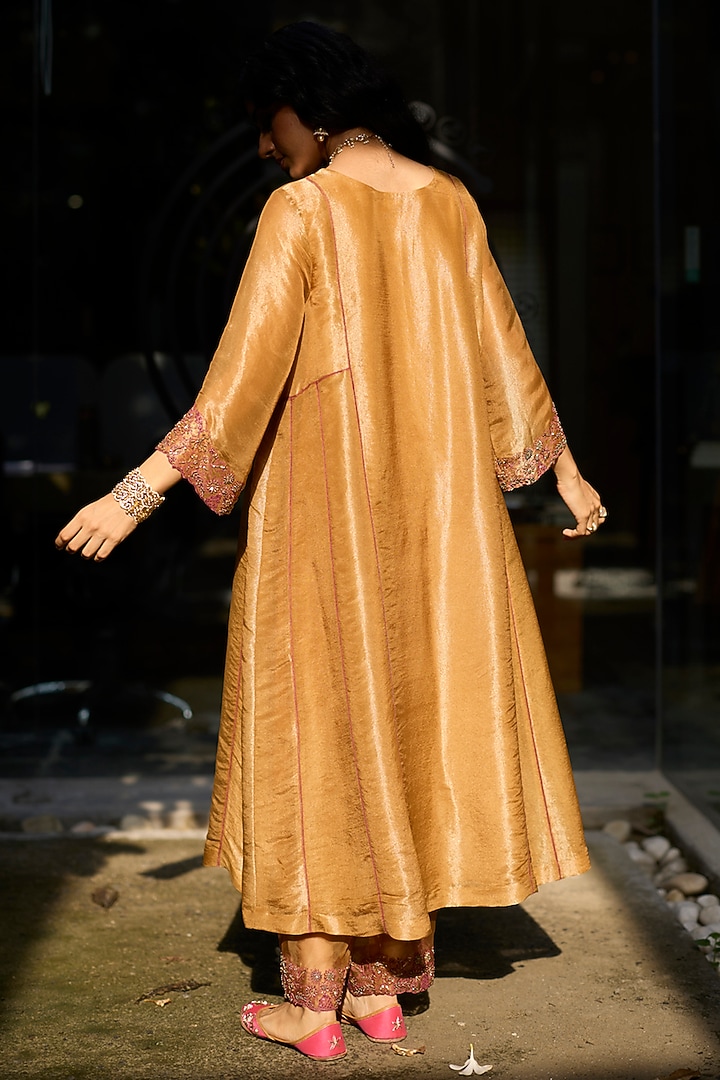 Mustard Tissue Silk Hand Embroidered Kurta Set by Sarang Kaur at Pernia's Pop Up Shop