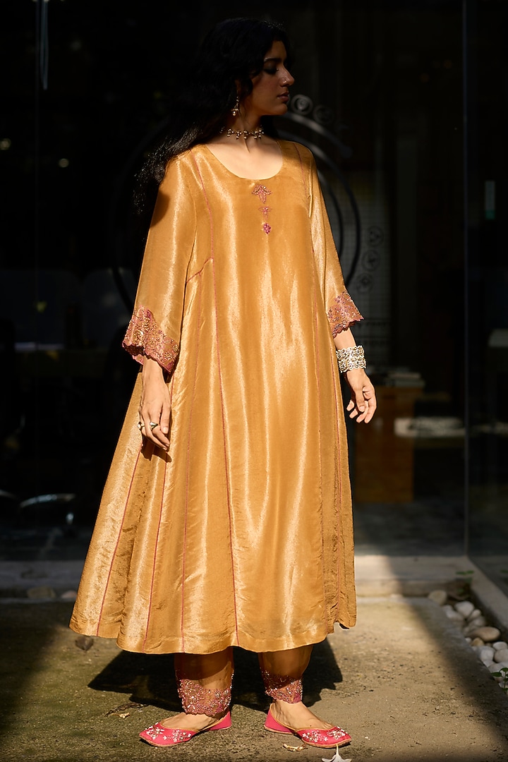 Mustard Tissue Silk Hand Embroidered Kurta Set by Sarang Kaur at Pernia's Pop Up Shop