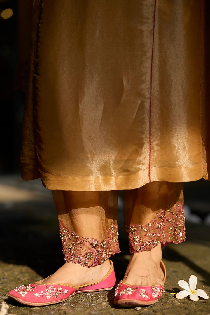 Mustard Tissue Silk Hand Embroidered Kurta Set by Sarang Kaur at Pernia's Pop Up Shop