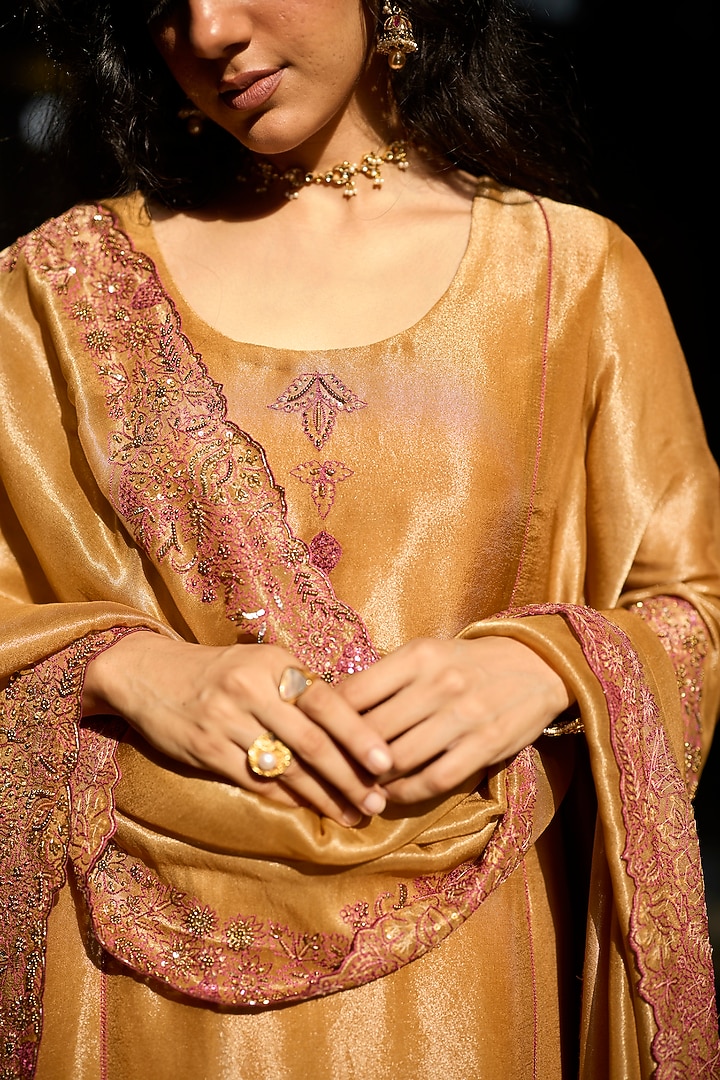 Mustard Tissue Silk Hand Embroidered Kurta Set by Sarang Kaur at Pernia's Pop Up Shop