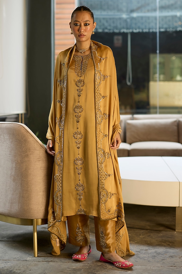 Mustard Satin Silk Hand Embroidered Kurta Set by Sarang Kaur at Pernia's Pop Up Shop