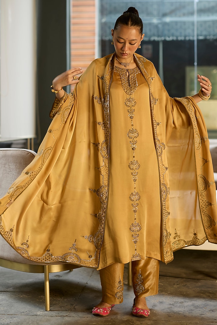 Mustard Satin Silk Hand Embroidered Kurta Set by Sarang Kaur at Pernia's Pop Up Shop