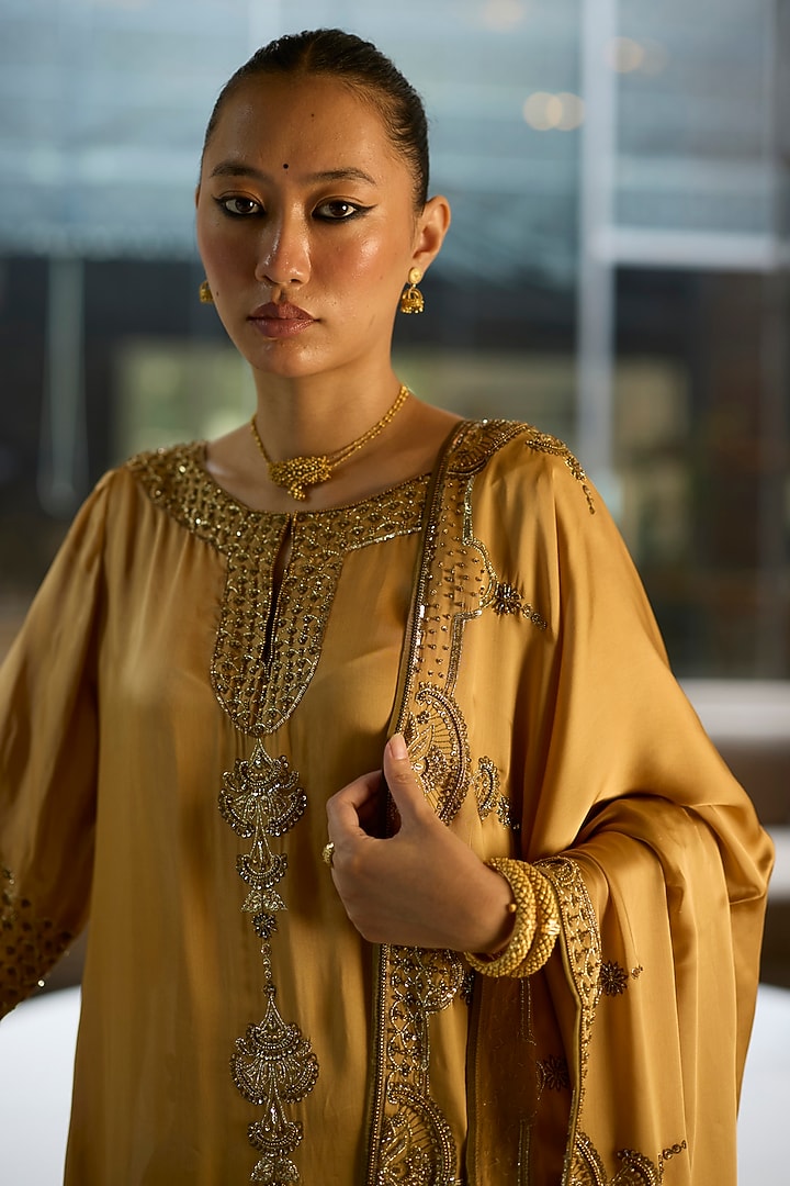 Mustard Satin Silk Hand Embroidered Kurta Set by Sarang Kaur at Pernia's Pop Up Shop
