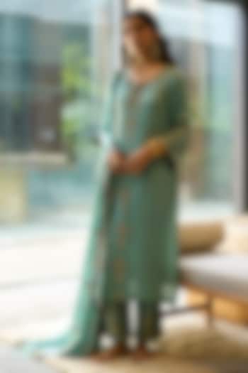 Blue Satin Silk Hand Embroidered Kurta Set by Sarang Kaur at Pernia's Pop Up Shop
