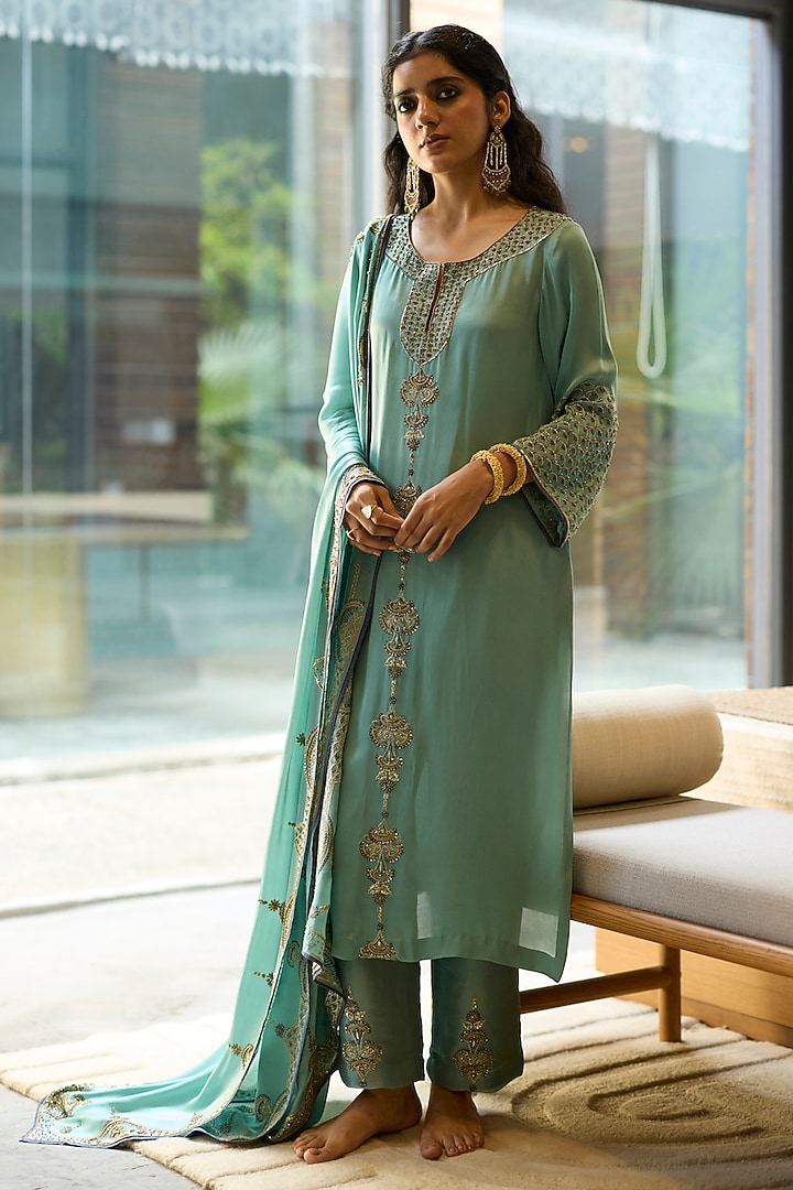Blue Satin Silk Hand Embroidered Kurta Set by Sarang Kaur at Pernia's Pop Up Shop