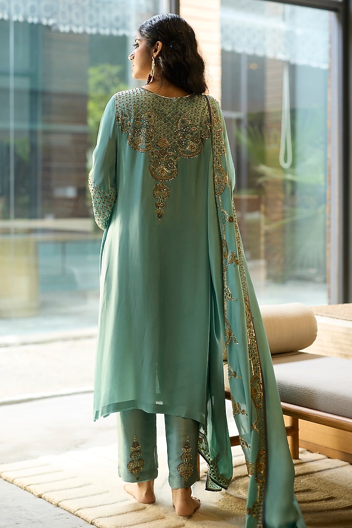 Blue Satin Silk Hand Embroidered Kurta Set by Sarang Kaur at Pernia's Pop Up Shop