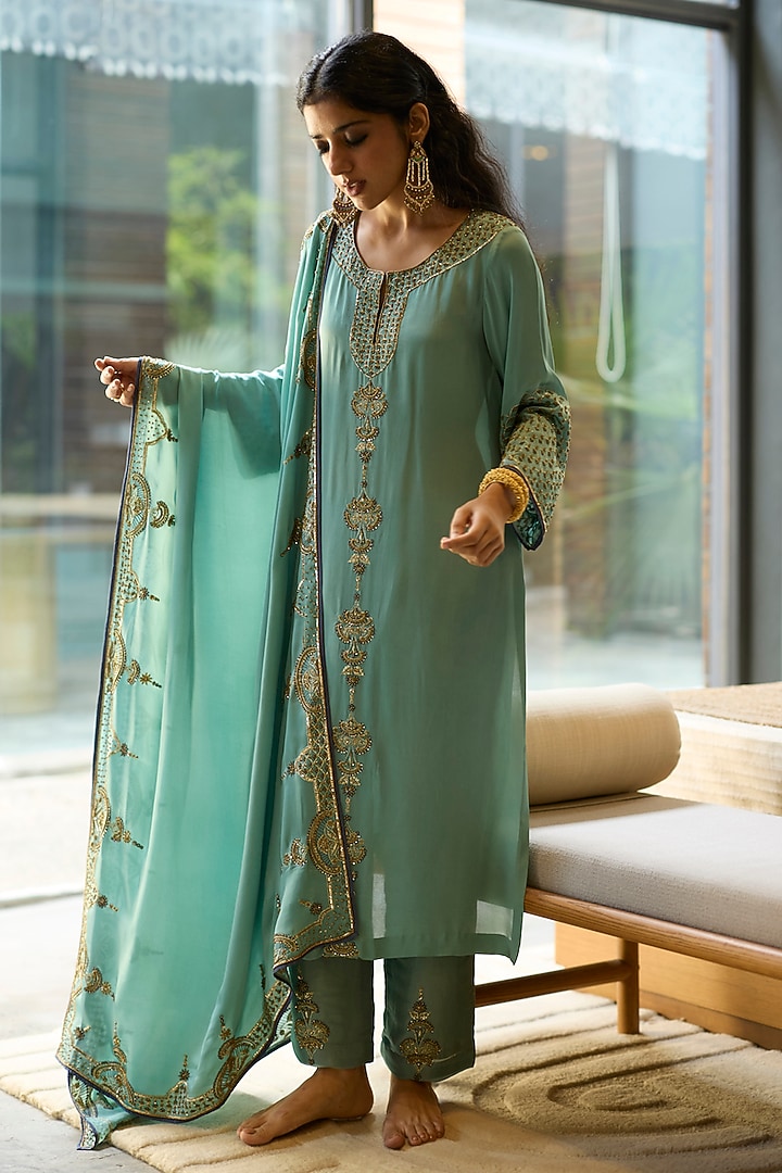 Blue Satin Silk Hand Embroidered Kurta Set by Sarang Kaur at Pernia's Pop Up Shop