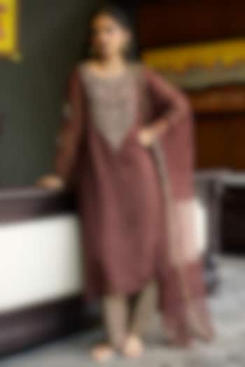 Brown Organza Silk Hand Embroidered Kurta Set by Sarang Kaur at Pernia's Pop Up Shop
