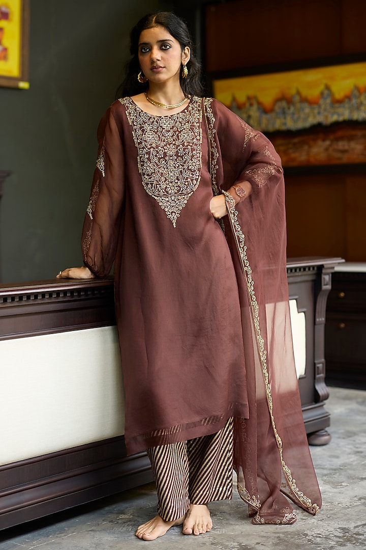 Brown Organza Silk Hand Embroidered Kurta Set by Sarang Kaur at Pernia's Pop Up Shop