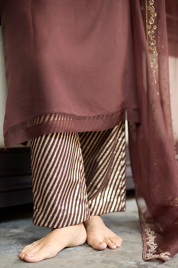 Brown Organza Silk Hand Embroidered Kurta Set by Sarang Kaur at Pernia's Pop Up Shop