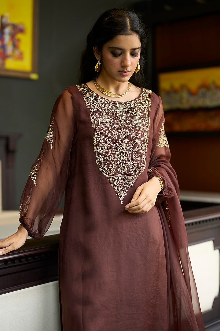 Brown Organza Silk Hand Embroidered Kurta Set by Sarang Kaur at Pernia's Pop Up Shop