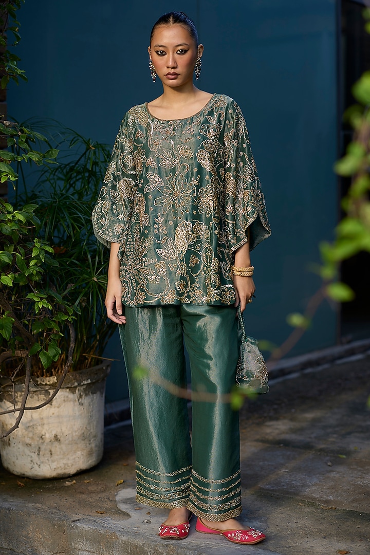 Teal Tissue Silk Hand Embroidered Kurta Set by Sarang Kaur at Pernia's Pop Up Shop