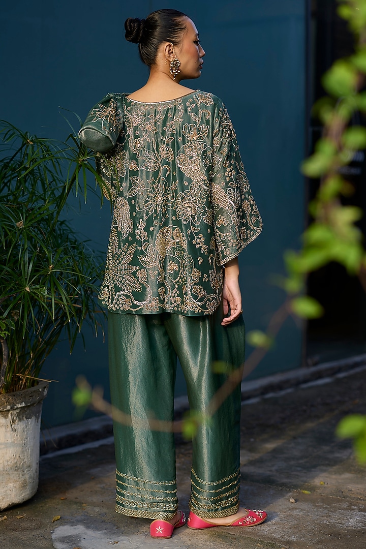 Teal Tissue Silk Hand Embroidered Kurta Set by Sarang Kaur at Pernia's Pop Up Shop