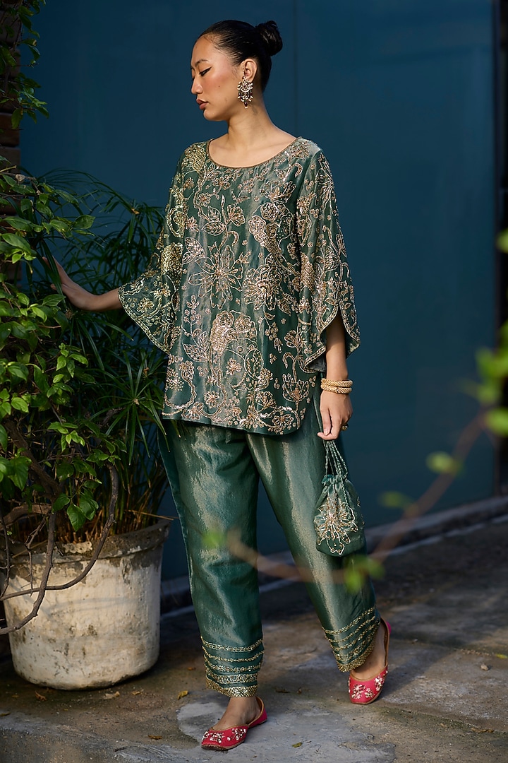 Teal Tissue Silk Hand Embroidered Kurta Set by Sarang Kaur at Pernia's Pop Up Shop