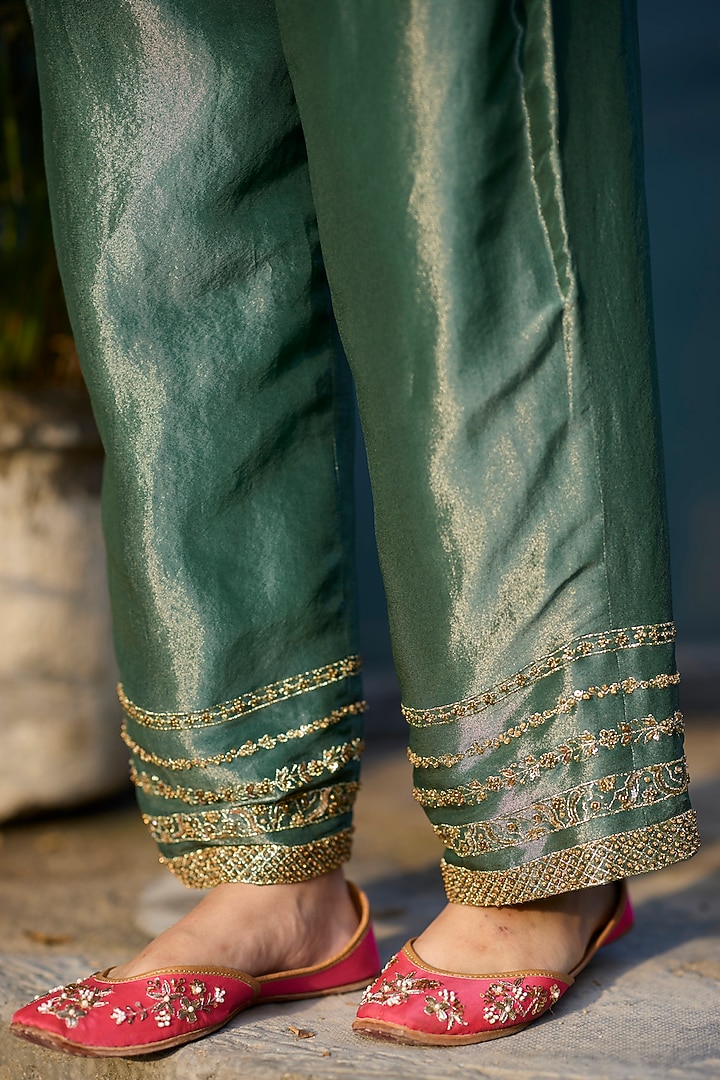 Teal Tissue Silk Hand Embroidered Kurta Set by Sarang Kaur at Pernia's Pop Up Shop
